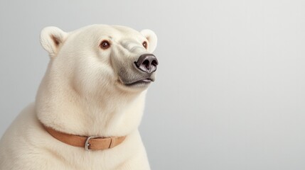 Obraz premium Gentle polar bear with collar gazes thoughtfully against soft ba