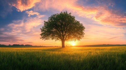 Obraz premium Sunset behind lone tree in lush green field with dramatic sky