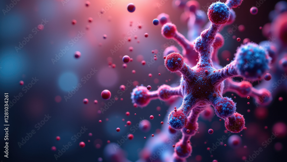 Poster an intricate image featuring a cluster of cells with glowing blue nuclei against a dark background, 