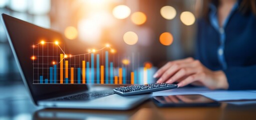 A businesswoman or accountant is working on financial investments using a calculator to calculate and analyze business and marketing growth based on financial document data graphs, representing