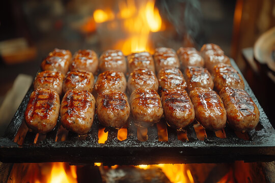 Delicious ćevapi grilling on barbecue with flames below