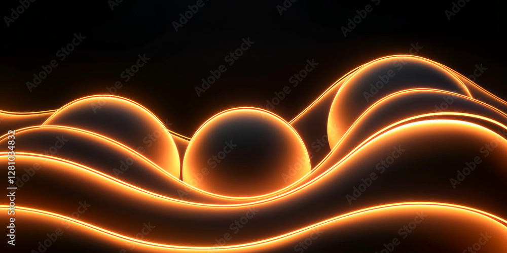 Poster abstract glowing spheres on flowing waves create a captivating visual effect.