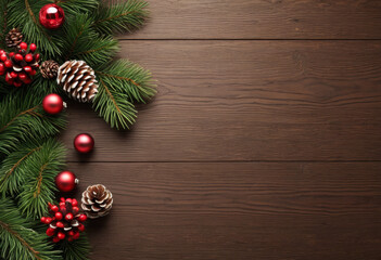 Fototapeta premium Christmas decorations fir branches berries and pine cones