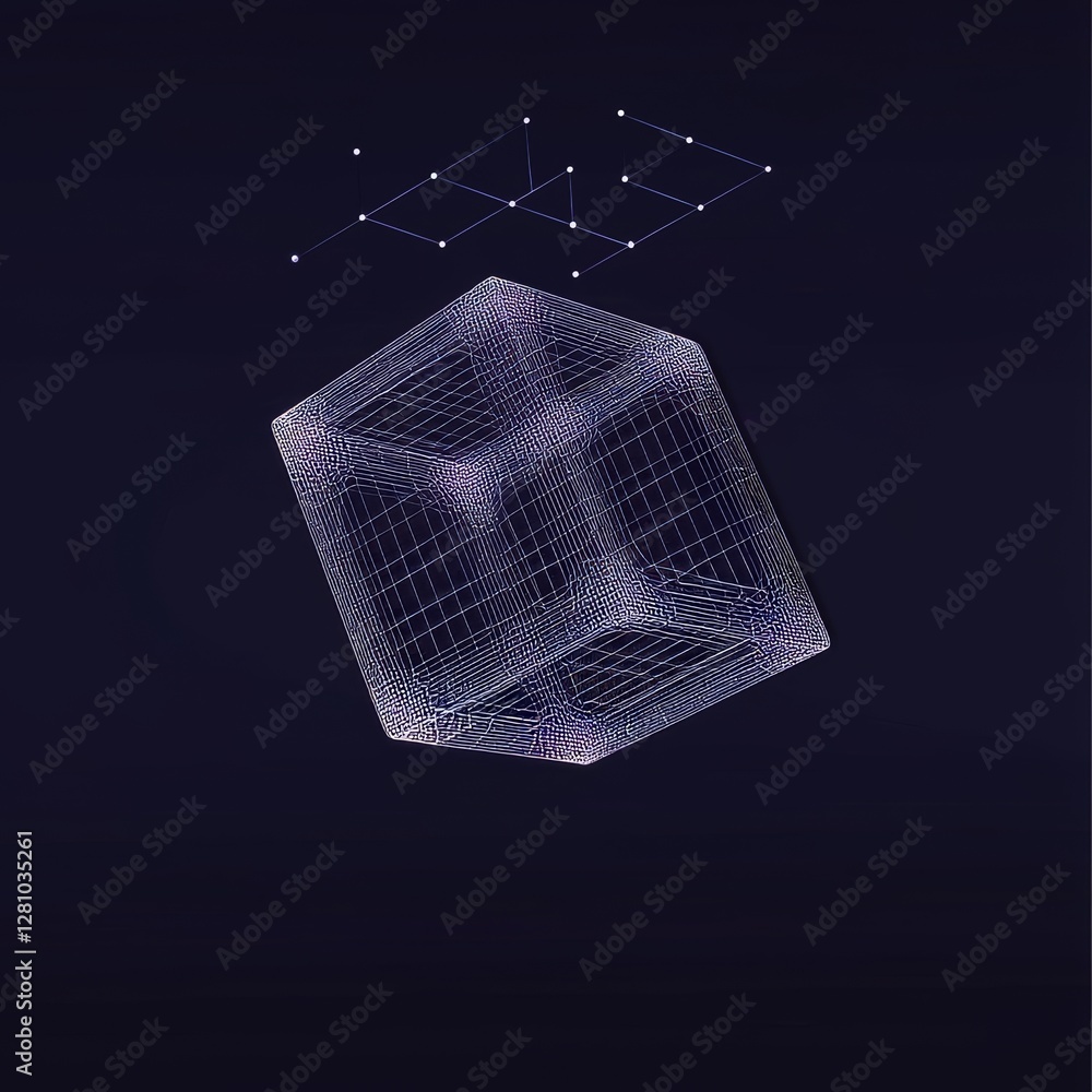 Poster an abstract wireframe cube with connecting dots and lines serves as a modern illustration of blockch