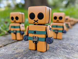 Obraz premium Wooden figurines lined up outdoors, showcasing unique designs and colors