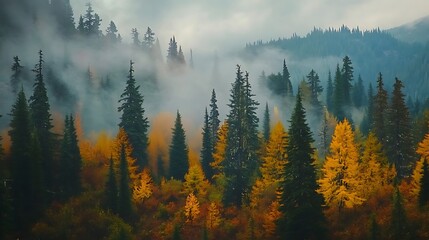 Pacific Northwest forest with vibrant fall colors misty air atmosphere
