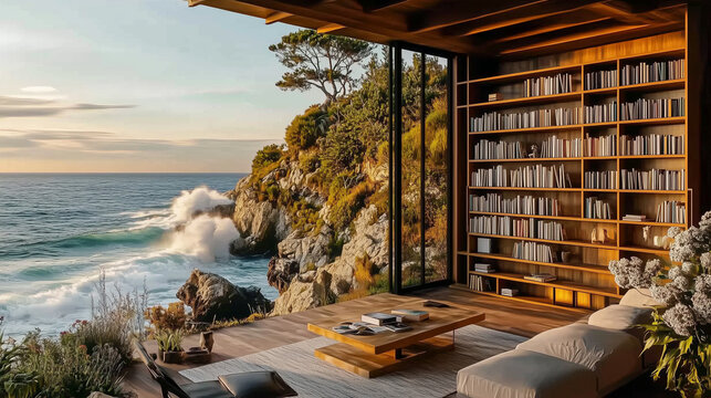 Cozy and serene library in a modern house with large windows overlooking the ocean and rocky cliff. Featuring bookshelves, a sofa, and golden hour lighting, creating a calm and stylish interior design