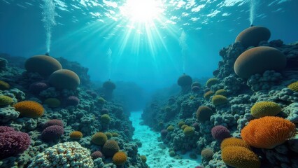 Obraz premium Underwater coral restoration structures with bleached corals and sunlight 