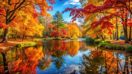 A tranquil forest bathed in warm sunlight with vibrant autumn foliage of golden maples and crimson oaks surrounding a serene pond, autumn foliage, nature scenery