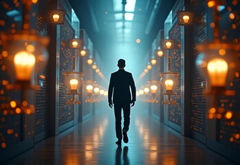 Man stands facing a futuristic interface with glowing digital light bulbs and data, on a dark background. Concept of innovation and technology