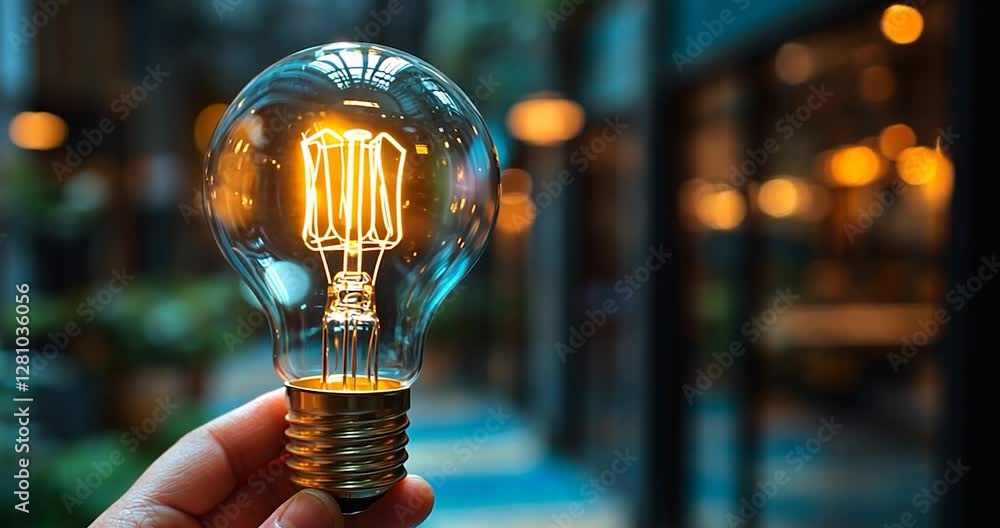 Poster Hand holding a lit lightbulb in a close-up shot with the background blurred and a soft glow of a sunset or twilight, showcasing the lamp's brilliance, in a low-light setting with a slight blur