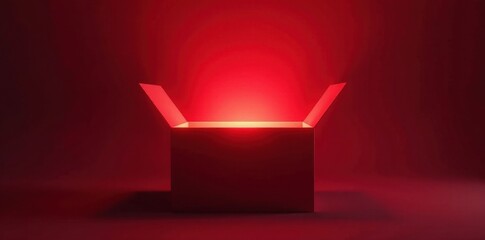Open red box emitting ethereal light, vibrant red, scene, illustration, shine