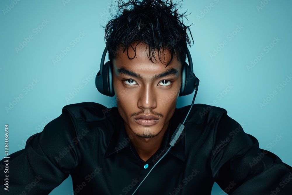 Poster the concept of customer service involves a friendly businessman who works as a call center operator 