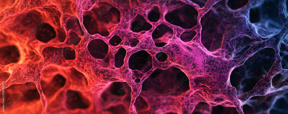 Poster abstract microscopic view showcasing vibrant cells and structures in neon colors.