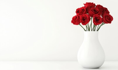 A beautiful arrangement of red roses in a white vase on a clean, minimalist background