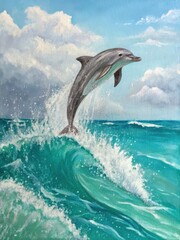 Naklejka premium Dolphin Leaping Above Turquoise Waves Ocean Setting Fine Art Painting Serene Environment Close-Up View Marine Life Concept