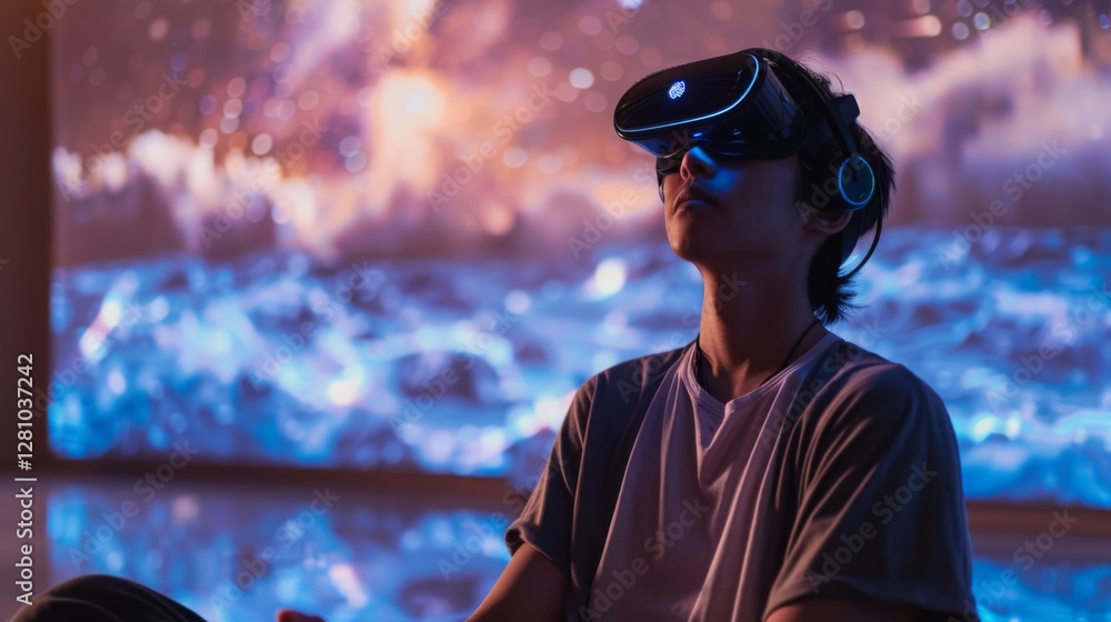 Poster a person engages in a mindfulness session using a virtual reality headset, immersed in a calming dig