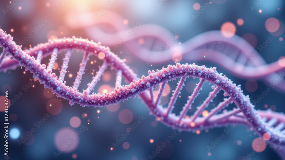 Canvas Prints A vibrant illustration of a double helix DNA structure with pink strands and a blue glowing background.