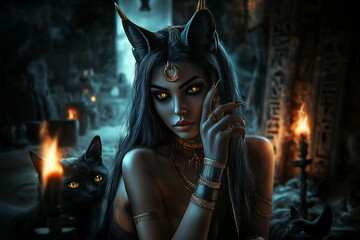 Ancient Egyptian goddess Bastet on the golden throne hall.