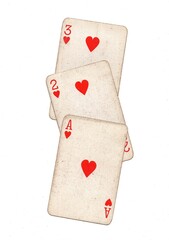 Vintage playing cards showing a run of three in the same suit.