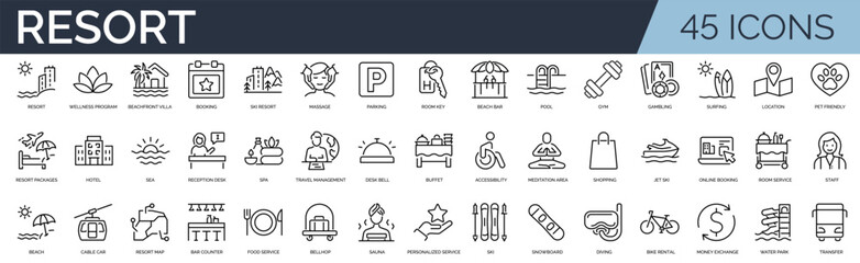 Set of 45 outline icons related to resort. Linear icon collection. Editable stroke. Vector illustration