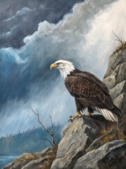 Bald Eagle Perched on Rocky Outcrop Dramatic Seascape Wildlife Painting Nature Environment Close-Up View Symbol of Freedom