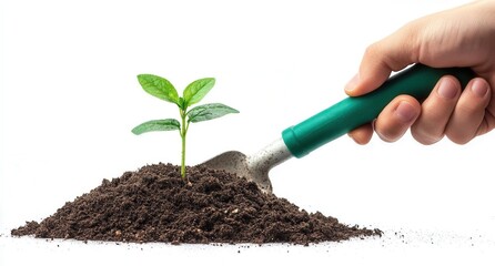 Young plant in soil held by hand with green shovel against white background.