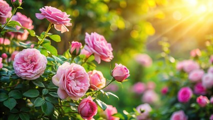 Beautiful pink rose bush with delicate petals and lush green leaves surrounded by soft sunlight filtering through the foliage , romantic garden scene, flower garden