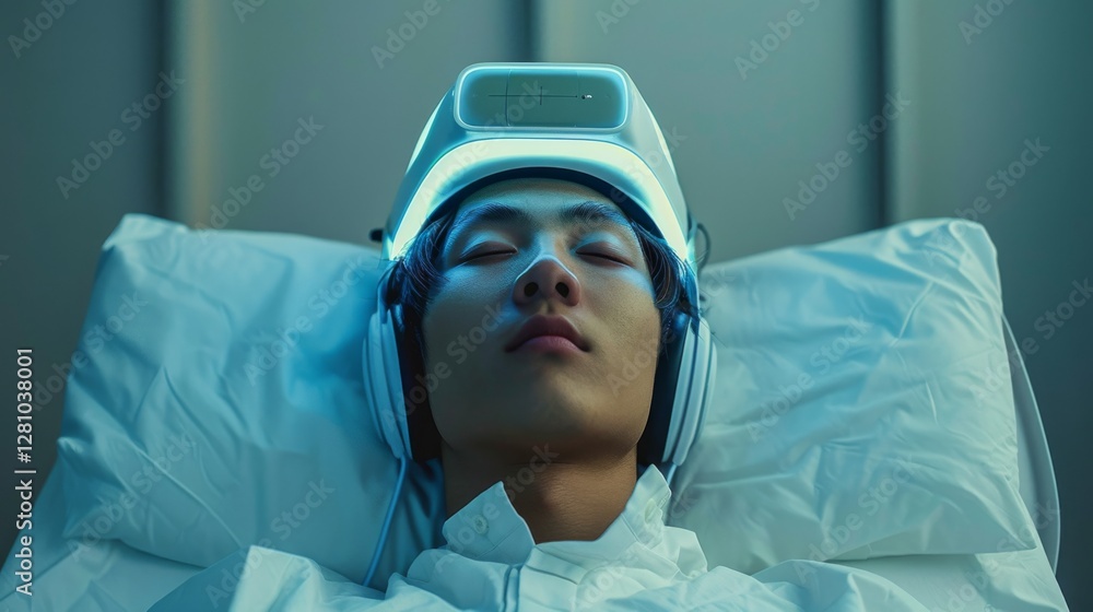 Aufkleber a person is lying down with a headset and a light device on their head, engaging in a digital therap