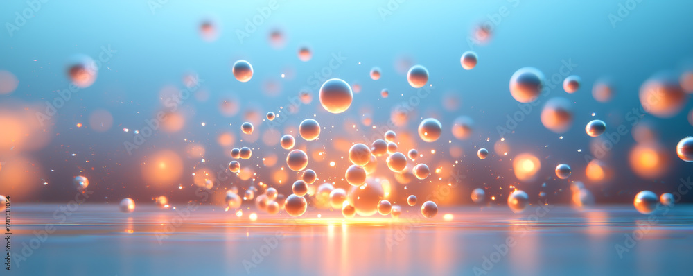 Poster abstract representation of particles floating in a vibrant blue environment.