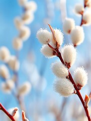 Soft white willow catkins against vibrant blue sky in springtime.