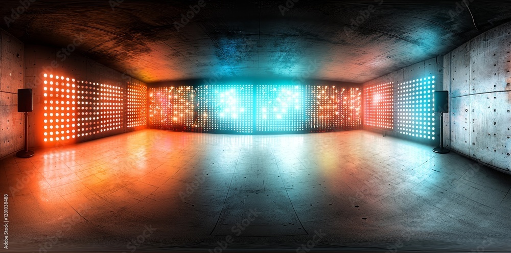 Poster a futuristic architecture studio with cubic walls and bright led lights is depicted in a 360-degree 