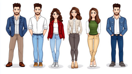 Obraz premium Stylish group of young adults in casual outfits, showcasing diverse fashion choices