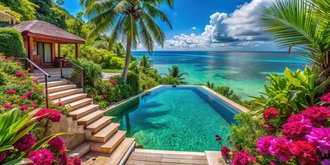 A stunning villa on a tropical beach with a private pool and steps leading down into the ocean, surrounded by lush greenery and vibrant tropical flowers, blue, green
