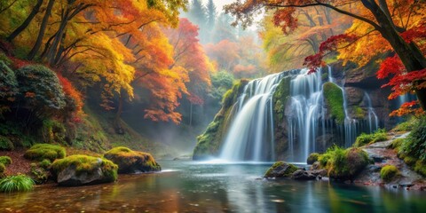 Serene waterfall surrounded by vibrant autumn leaves and lush greenery, with the gentle mist creating a mystical atmosphere, misty