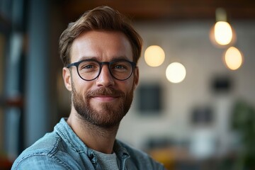 Obraz premium Smiling young man with glasses in casual attire, standing in a modern setting with warm bokeh lights in the background