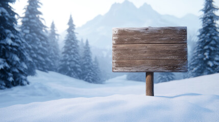 A wooden signpost in a snowy landscape, framed by towering mountains and pine trees.