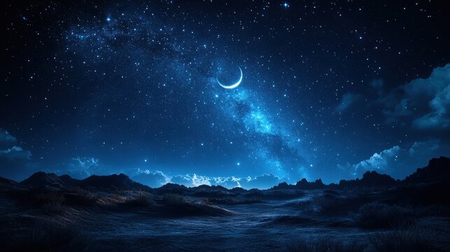 Crescent moon, starry night sky over desert landscape, calmness, travel poster
