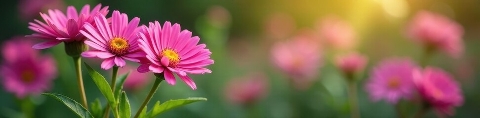 Obraz premium Cluster of vibrant pink New York asters, bokeh green leaves, green, pretty, plant
