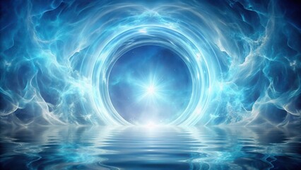 Ethereal misty portal in a light blue background with swirling energies and mystical aura, otherworldly, universe