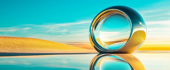 A modern and minimalist wallpaper featuring a 3D render of a fantastical panoramic landscape with round mirrors and geometric shapes amidst desert sand dunes under a clear blue sky