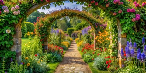 Obraz premium Vibrant blooms spill from a garden archway in the English summer, with a winding path below surrounded by lush greenery and vibrant wildflowers, English countryside, summer flowers