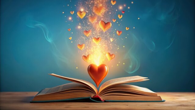 A heart-shaped flame rises from an open book on a serene blue background, surrounded by floating hearts that gently drift upwards , warm colors, books