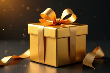 Luxurious golden gift box with elegant ribbon bow , valuable, gold