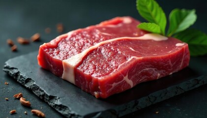 Raw meat placed atop a dark slate background with some broken twigs and leaves nearby, leaf, rawmeat, fallenLeaf