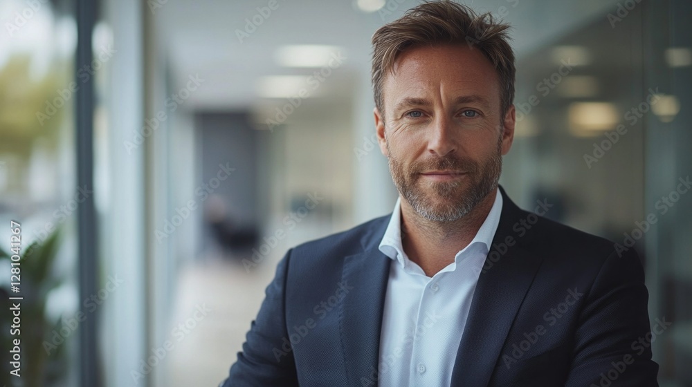 Aufkleber in a bright office, an open door reveals a professional man with a welcoming expression. soft sunlig