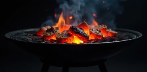 Portable BBQ grill, glowing embers, black background, graphic, food