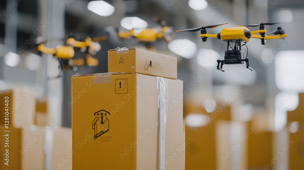 Poster automated drones delivering packages in modern warehouse environment. scene showcases advanced logis