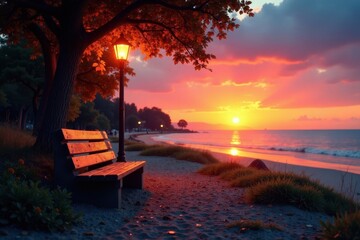 Rustic wooden bench, streetlight, vibrant sunset , picturesque, texture