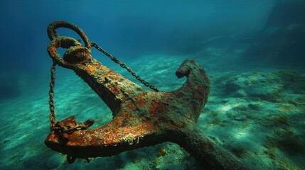 Naklejka premium Ancient Rusty Anchor Underwater